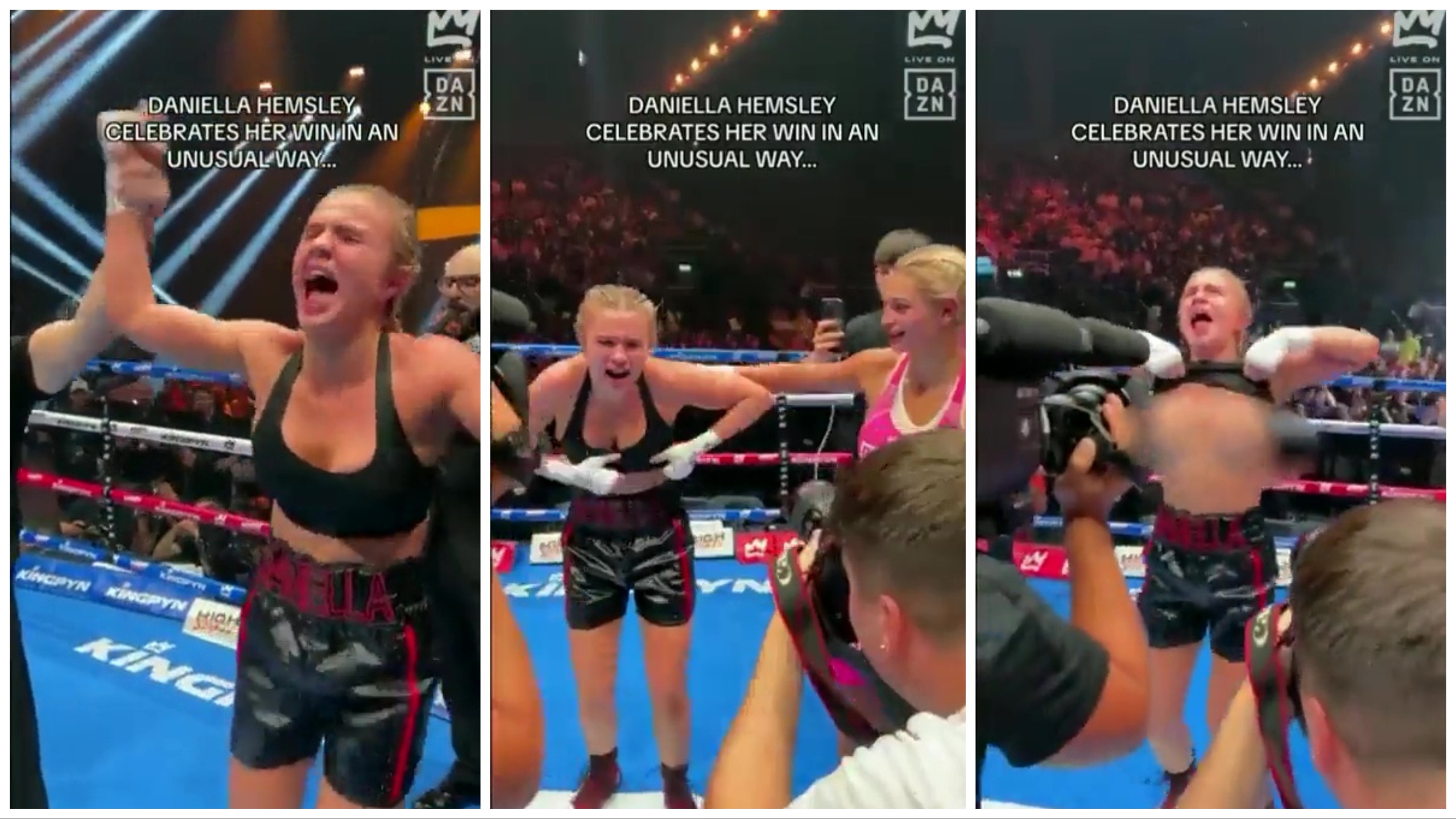 Une boxeuse mannequin remporte son premier match et fait la fête en faisant voler ses ailes