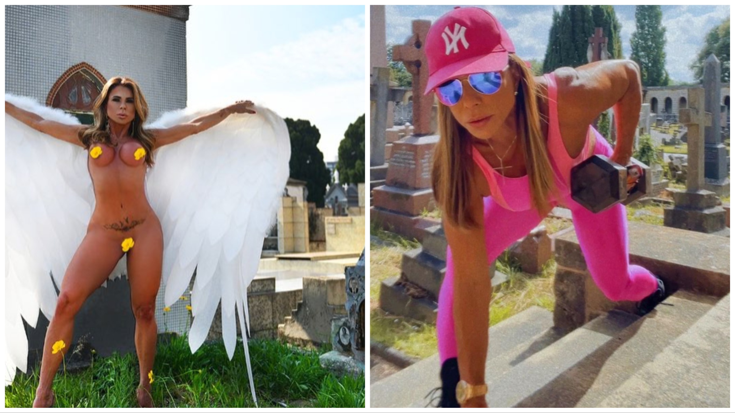 Abuela culturista estrella de las redes sociales desnuda en el cementerio