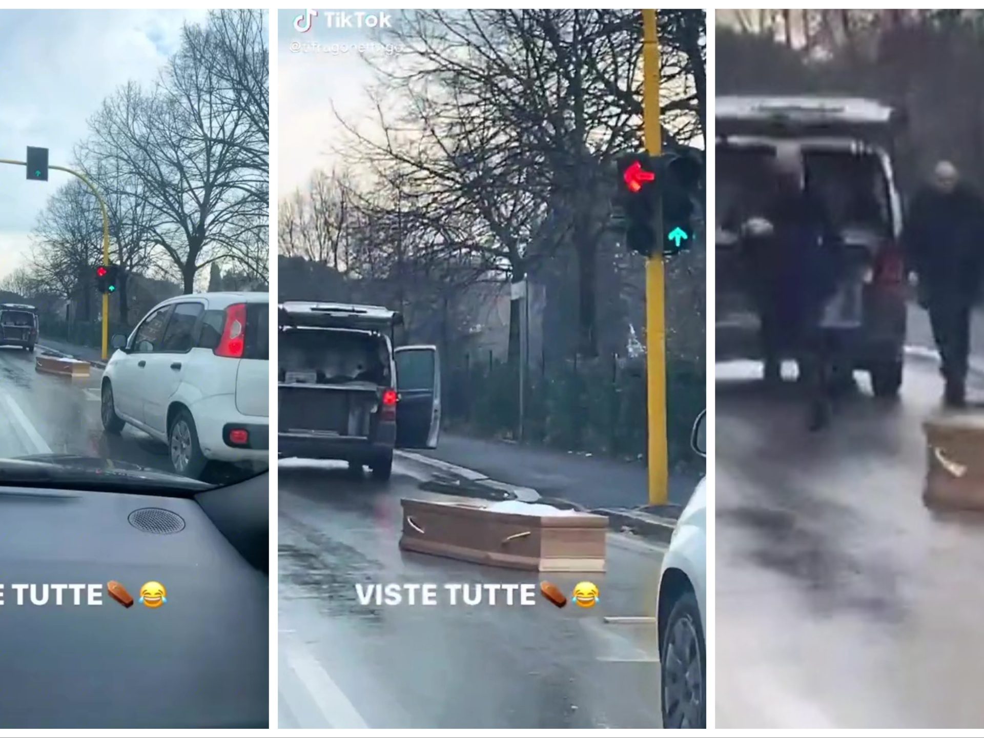 Carro funebre perde bara, video virale su TikTok