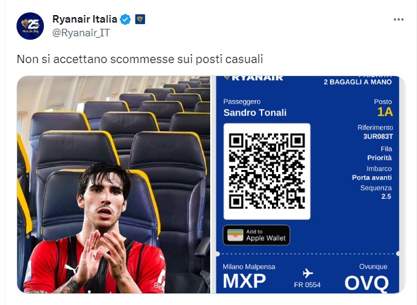 Ryanair se burla de Tonali (pero hace desaparecer a Fagioli): los memes sobre el caso de las apuestas