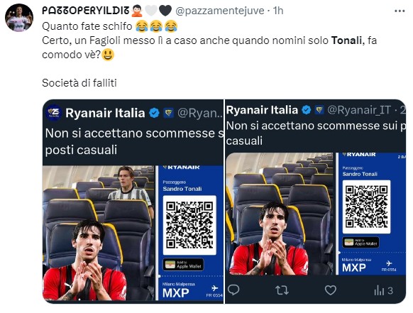 Ryanair se burla de Tonali (pero hace desaparecer a Fagioli): los memes sobre el caso de las apuestas