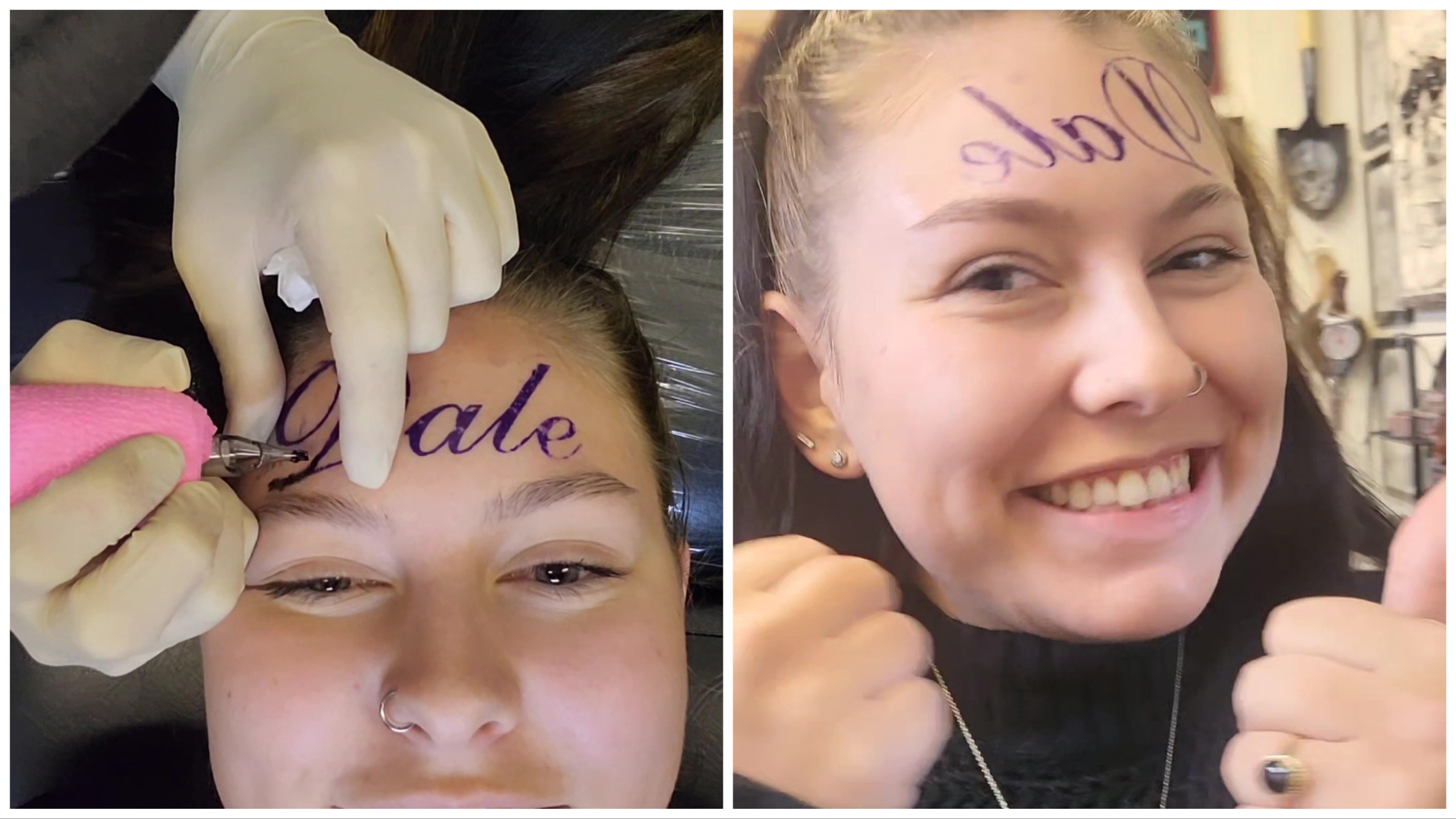 Chica se tatúa el nombre de su novio en la frente (pero en realidad deja al descubierto el maquillaje)