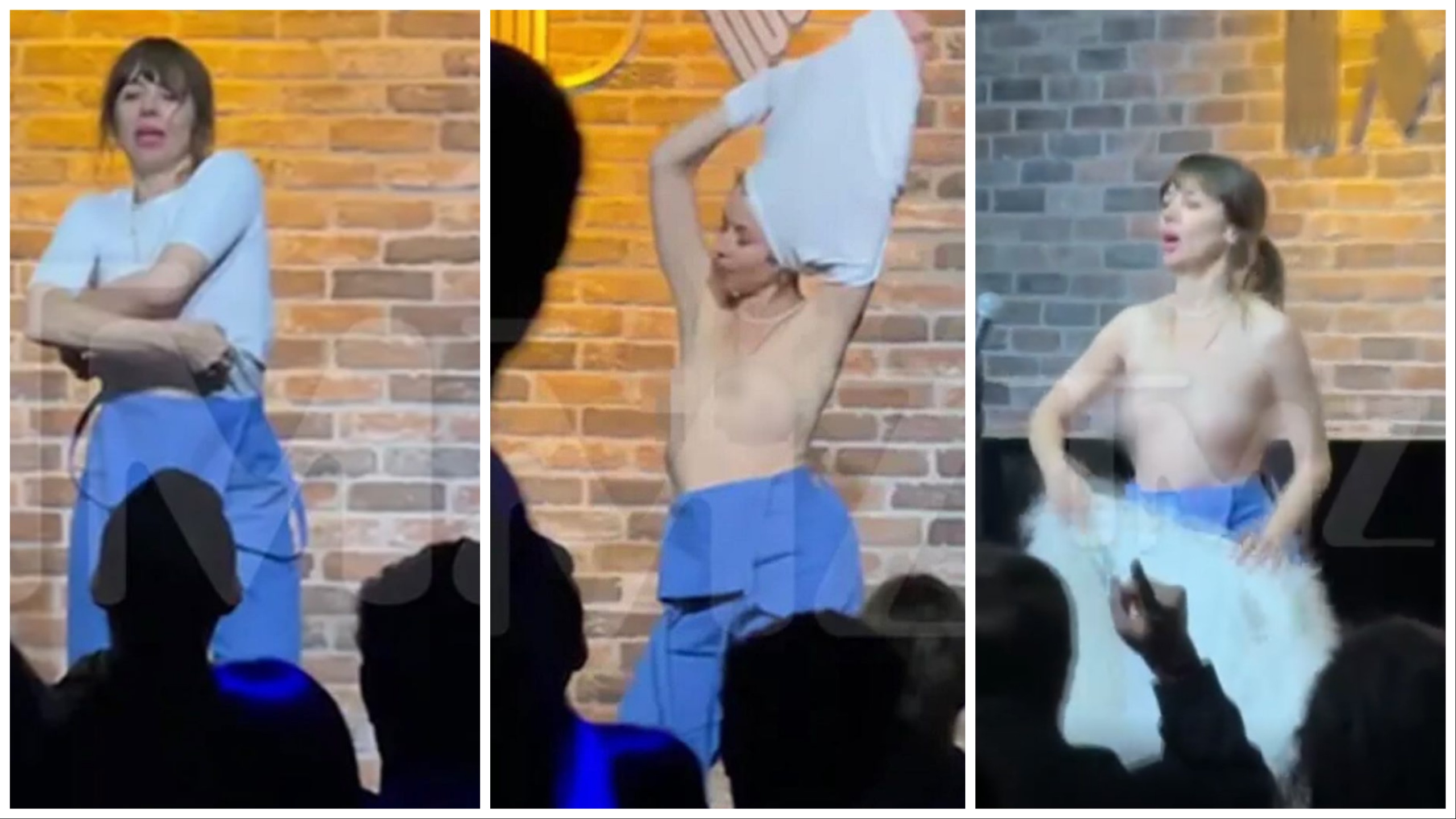 La comediante Natasha Leggero se mueve al viento durante el espectáculo.