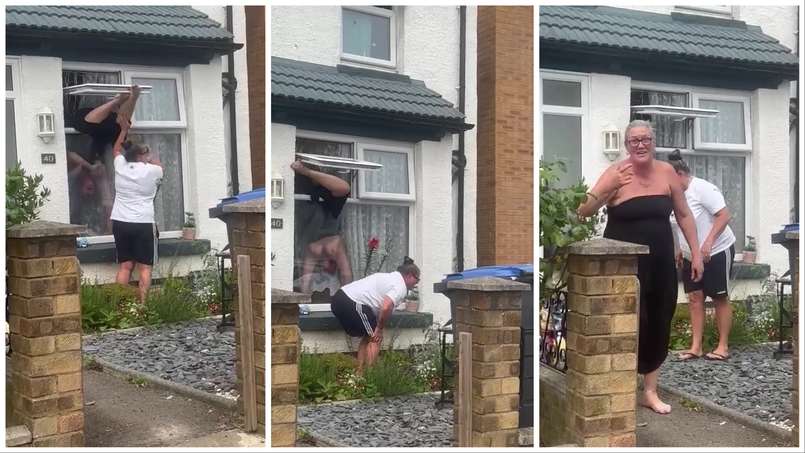 Entra in casa dalla finestra e rimane poppe al vento: il video è virale