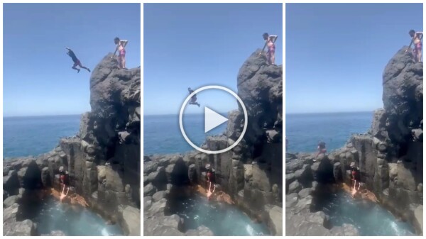 Follia a Tenerife, turista si tuffa in grotta e finisce sugli scogli: video