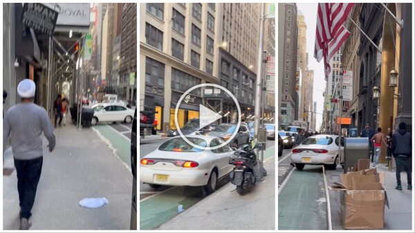 Peur à New York, une voiture grimpe sur le trottoir et poursuit un piéton vidéo