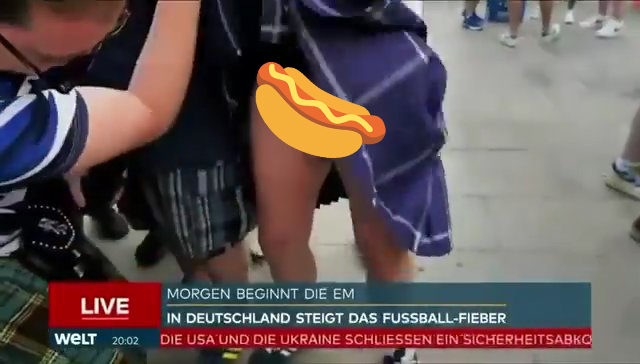 EM 2024, schottischer Fan zieht seinen Kilt hoch und zeigt die „Wurst“ live im Fernsehen