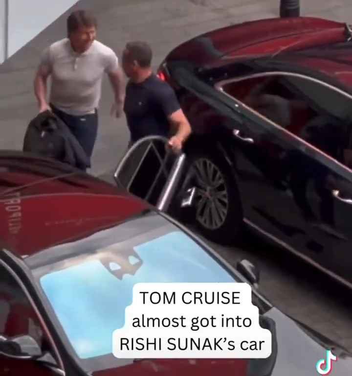 La metedura de pata de Tom Cruise, filmada mientras "robaba" el coche del primer ministro Sunak