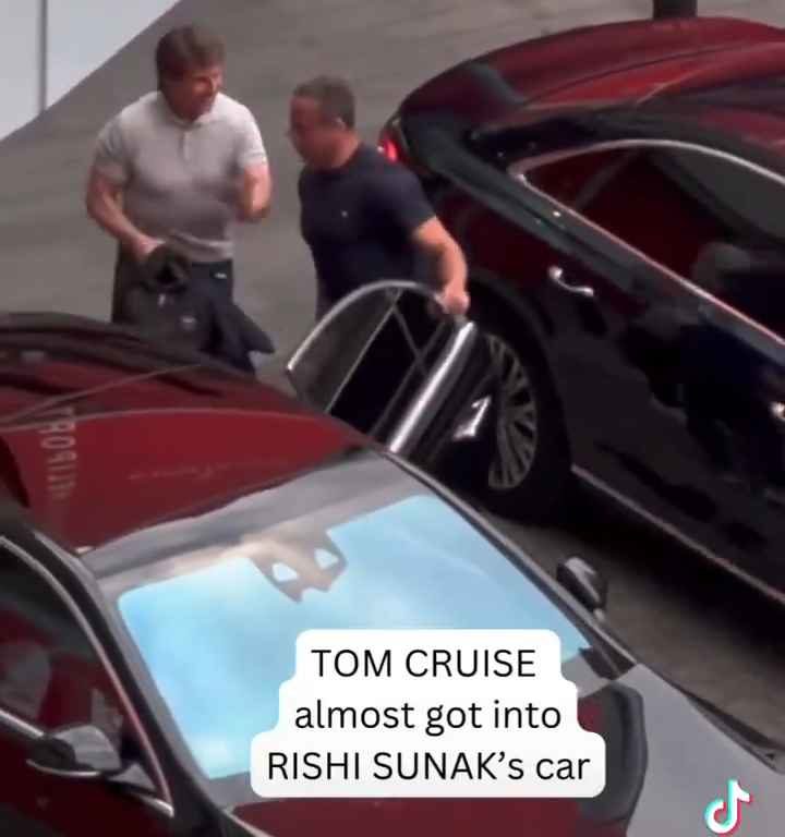 La metedura de pata de Tom Cruise, filmada mientras "robaba" el coche del primer ministro Sunak