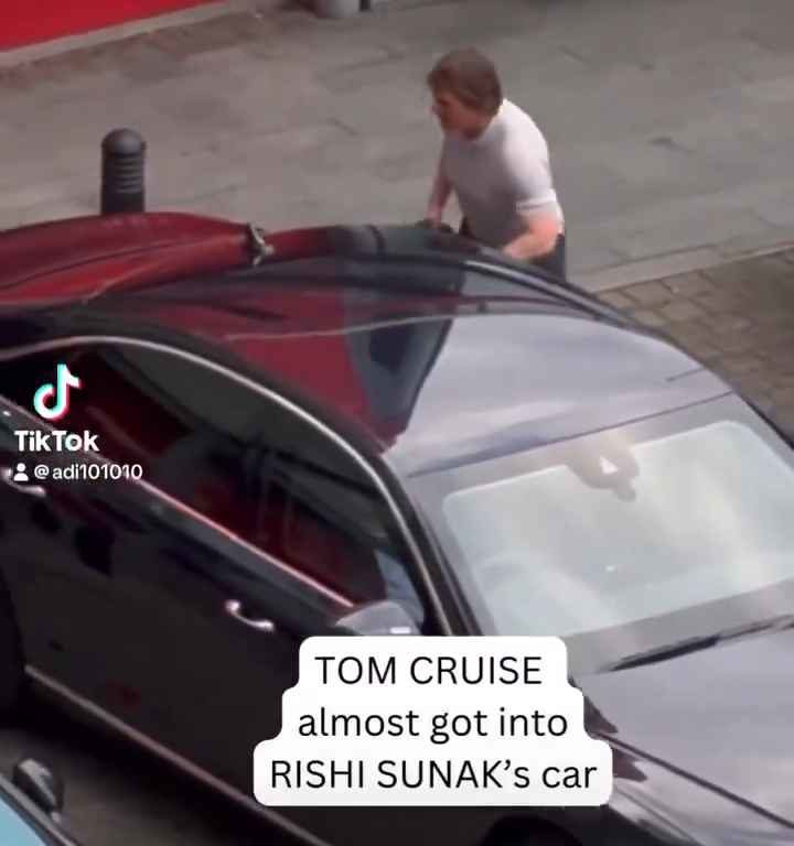 Gaffe di Tom Cruise, filmato mentre "ruba" l'auto al premier Sunak