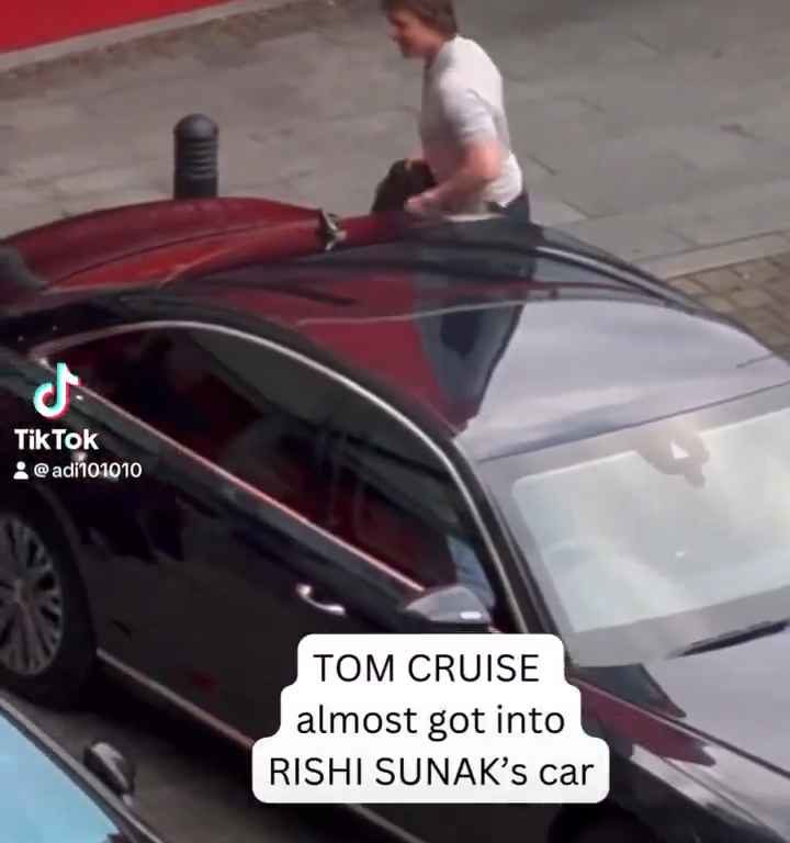 La metedura de pata de Tom Cruise, filmada mientras "robaba" el coche del primer ministro Sunak