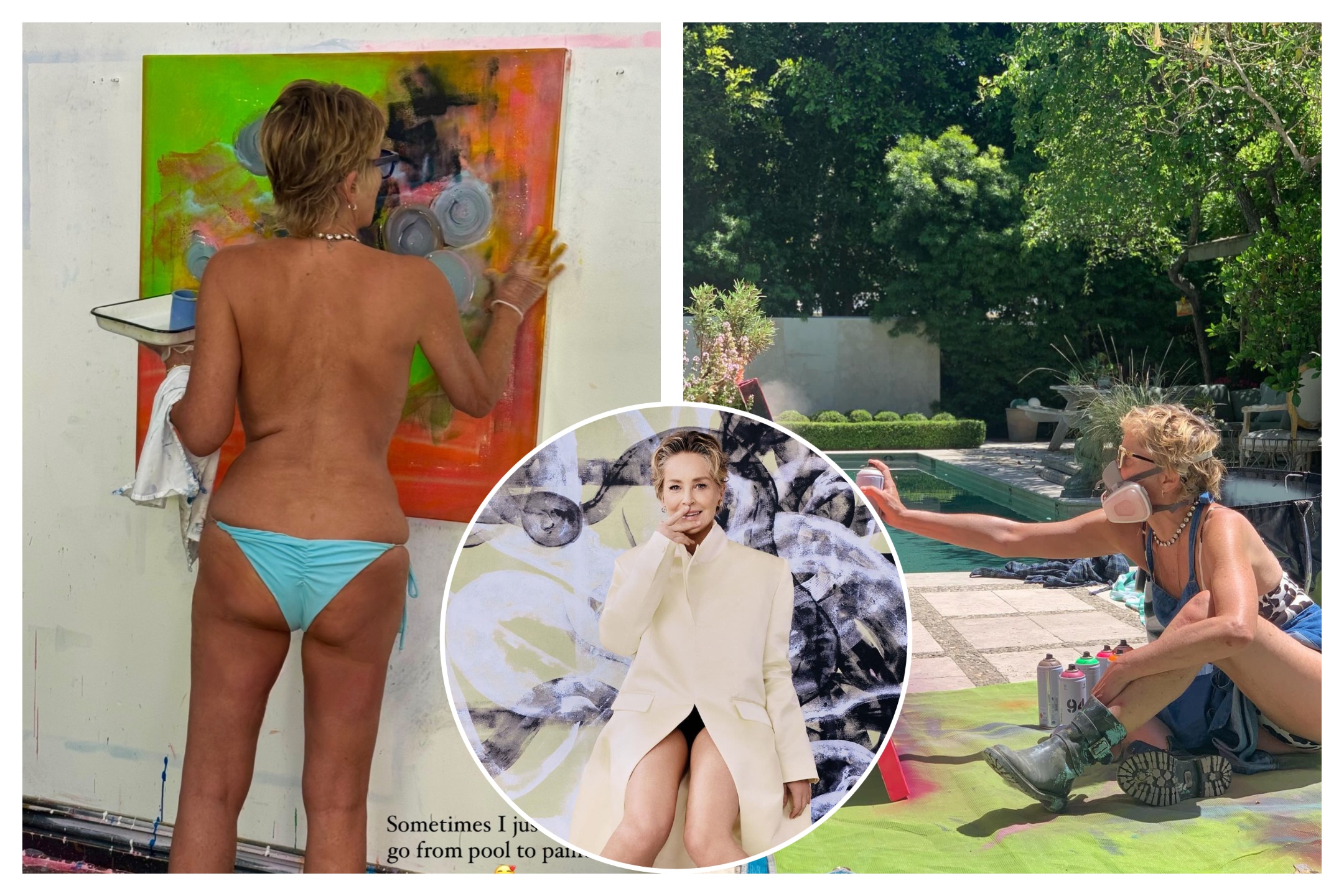 Sharon Stone fa "basic instict" al contrario: dipinge indossando solo le mutande