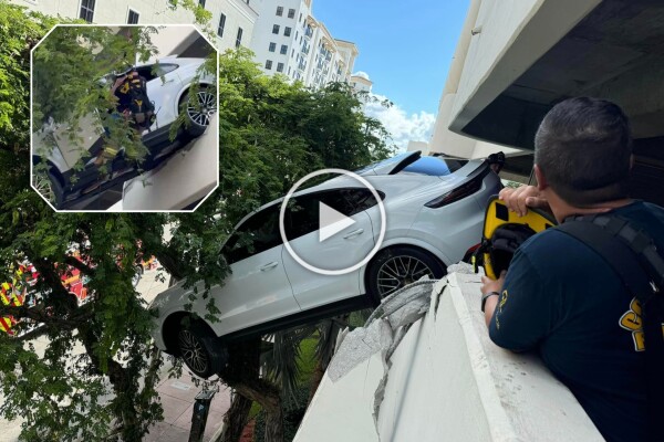 Donna verpasst das Pedal und findet sich gerettet mit dem SUV wieder, der auf dem Parkplatz baumelt