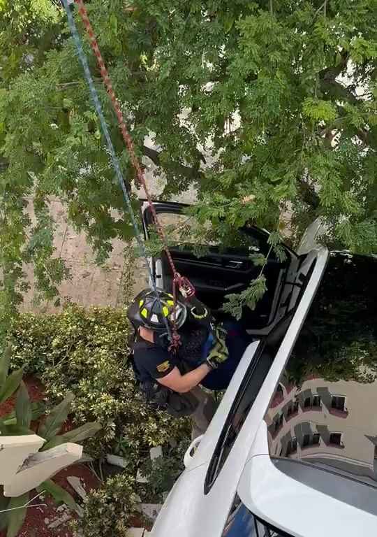 Donna verpasst das Pedal und findet sich gerettet mit dem SUV wieder, der auf dem Parkplatz baumelt