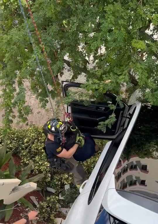 Donna verpasst das Pedal und findet sich gerettet mit dem SUV wieder, der auf dem Parkplatz baumelt