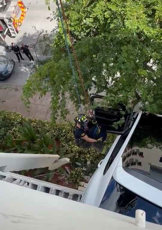 Donna verpasst das Pedal und findet sich gerettet mit dem SUV wieder, der auf dem Parkplatz baumelt