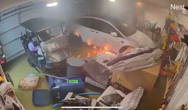 Garaje inundado por huracán, Tesla explota: vídeo dramático