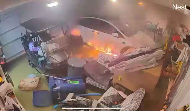 Garaje inundado por huracán, Tesla explota: vídeo dramático