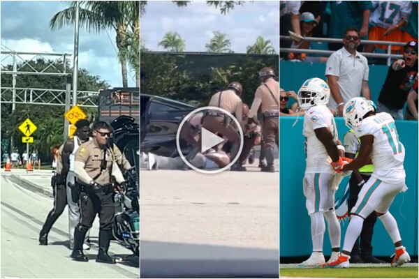 Le joueur de la NFL Tyreek Hill arrêté avant le match, puis entre et marque un touché