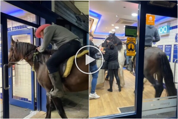 Vaqueros a caballo en restaurante de comida rápida los camareros los echan a perder