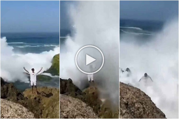 Tödliches Selfie für einen 20-Jährigen, der von einer Riesenwelle auf einem Felsen überrollt wird: schockierendes Video