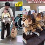 Viajando en tren con trillizos, el brillante padre chino se convierte en una estrella social