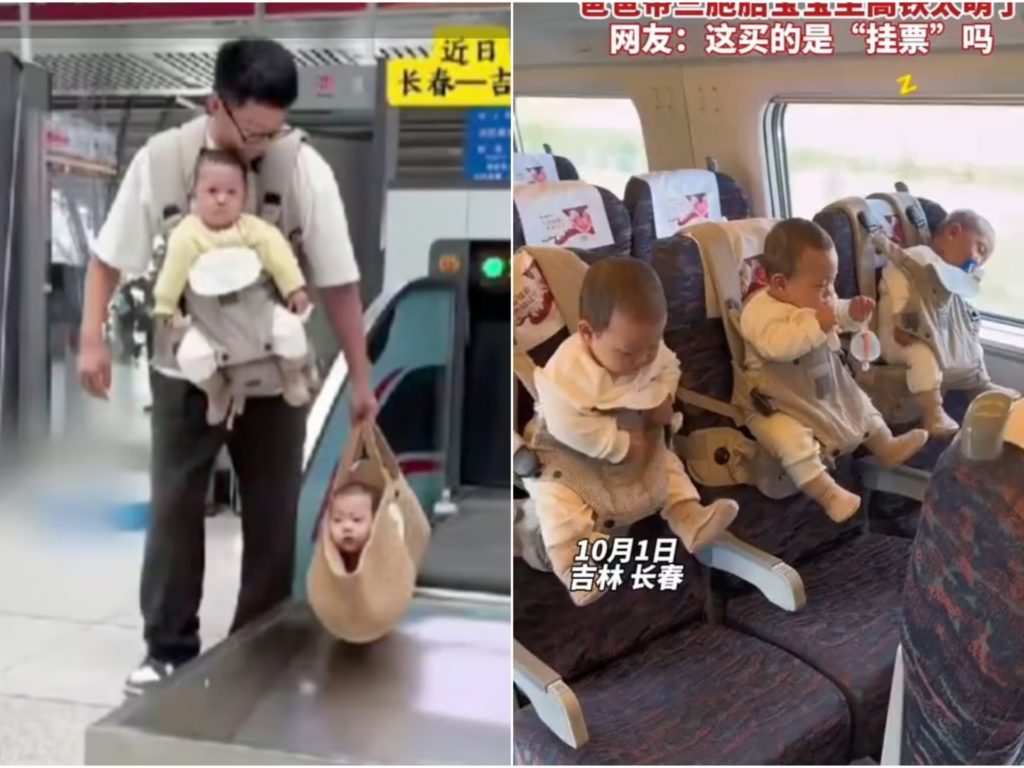 Viajando en tren con trillizos, el brillante padre chino se convierte en una estrella social