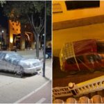 In Málaga binden und bündeln Anwohner Autos aus Angst vor Überschwemmungen an Laternenpfähle