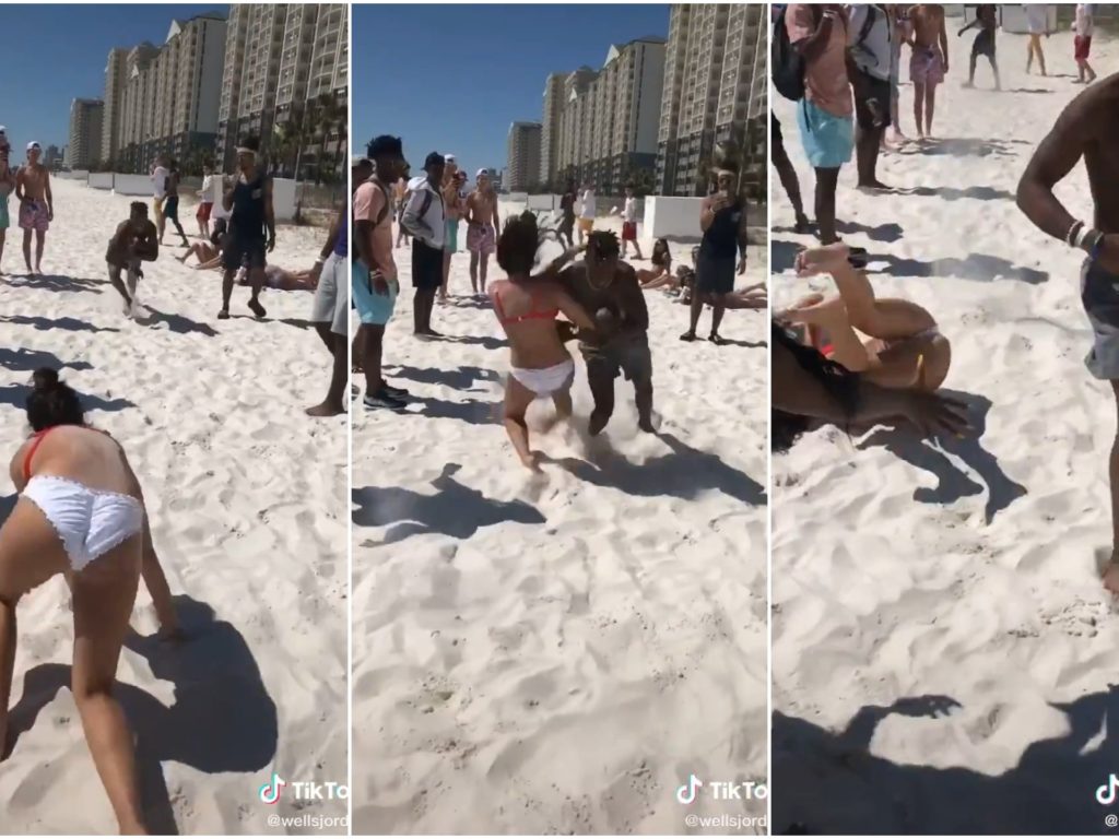 Ragazza sfida giocatore di football in spiaggia e viene brutalizzata: video virale