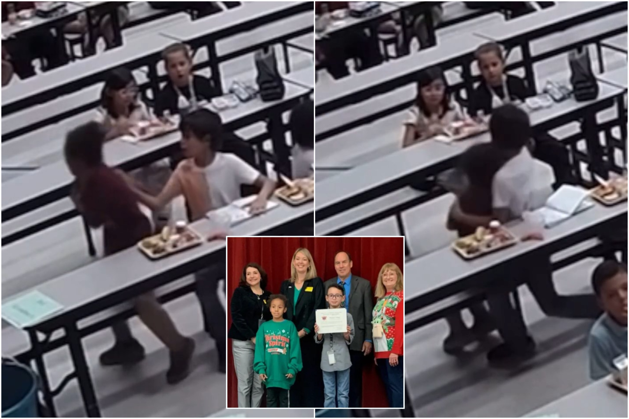 Un niño corre peligro de asfixiarse en la cantina, su compañero héroe lo salva con la maniobra de Heimlich