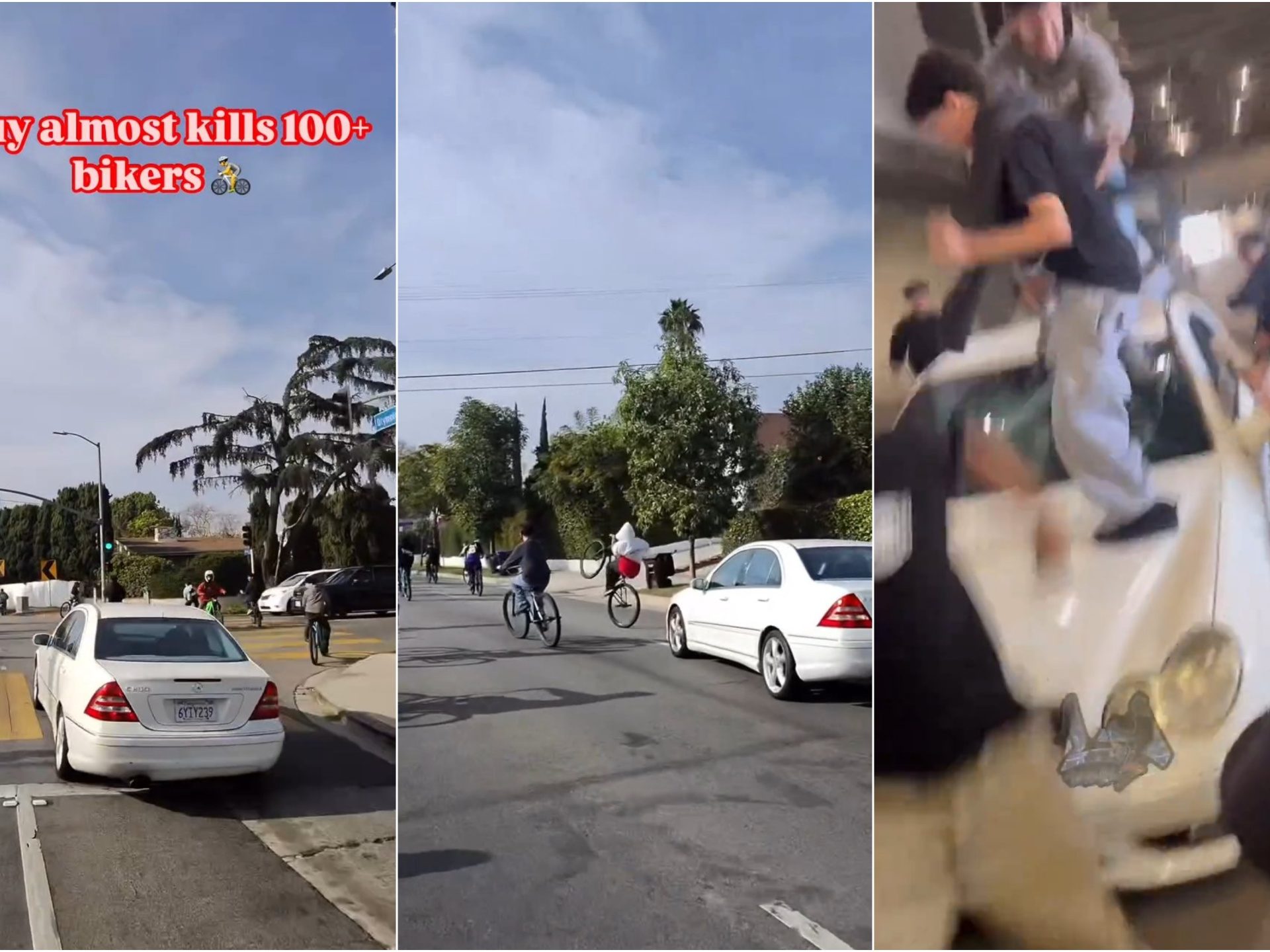 Los ciclistas invaden la carretera, un automovilista al estilo GTA casi los atropella: atrapados y golpeados