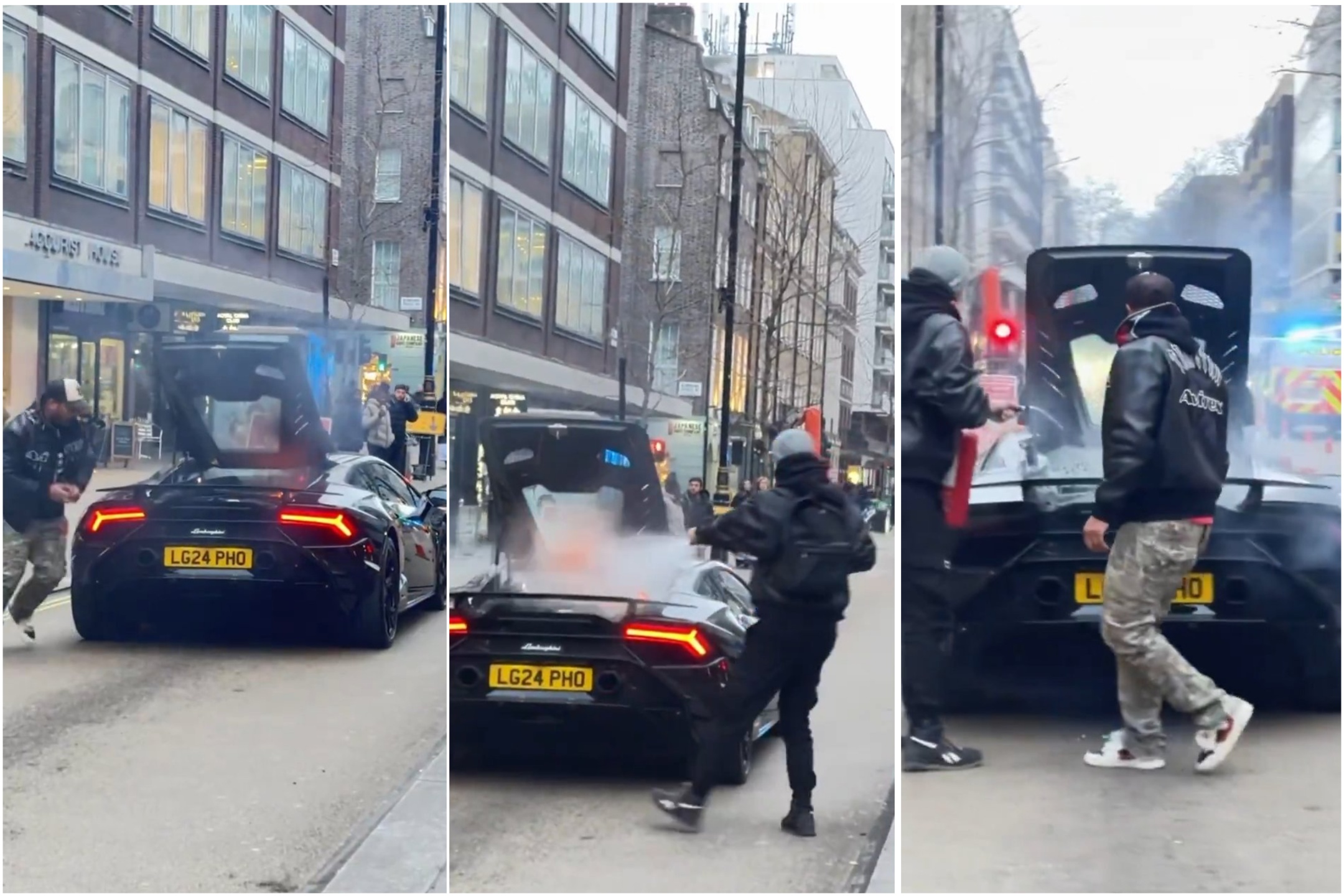 Lamborghini prende improvvisamente fuoco, un passante con estintore evita il peggio