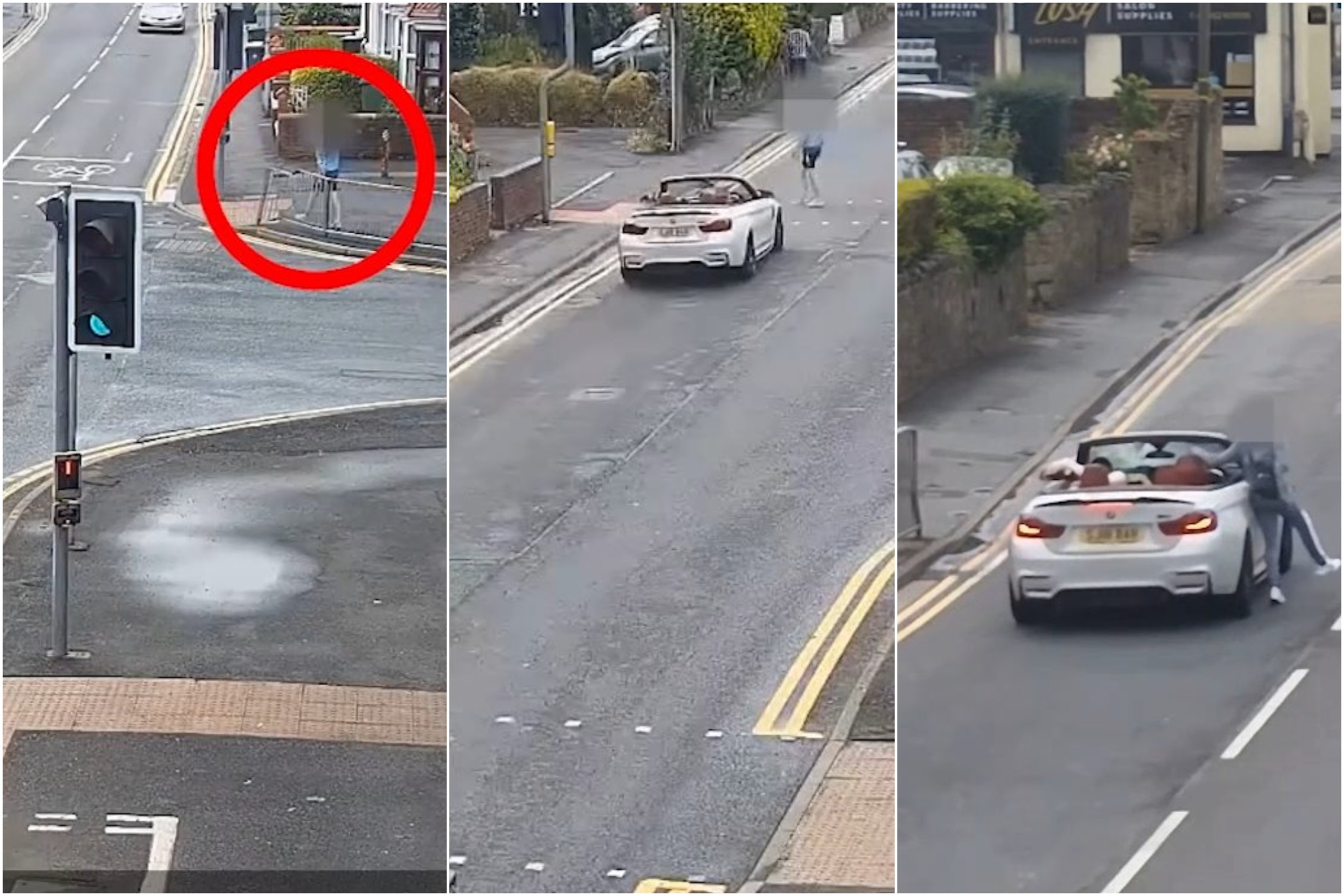 Un peatón es atropellado por un descapotable desbocado: tras el impacto, termina sobre los asientos, sano y salvo